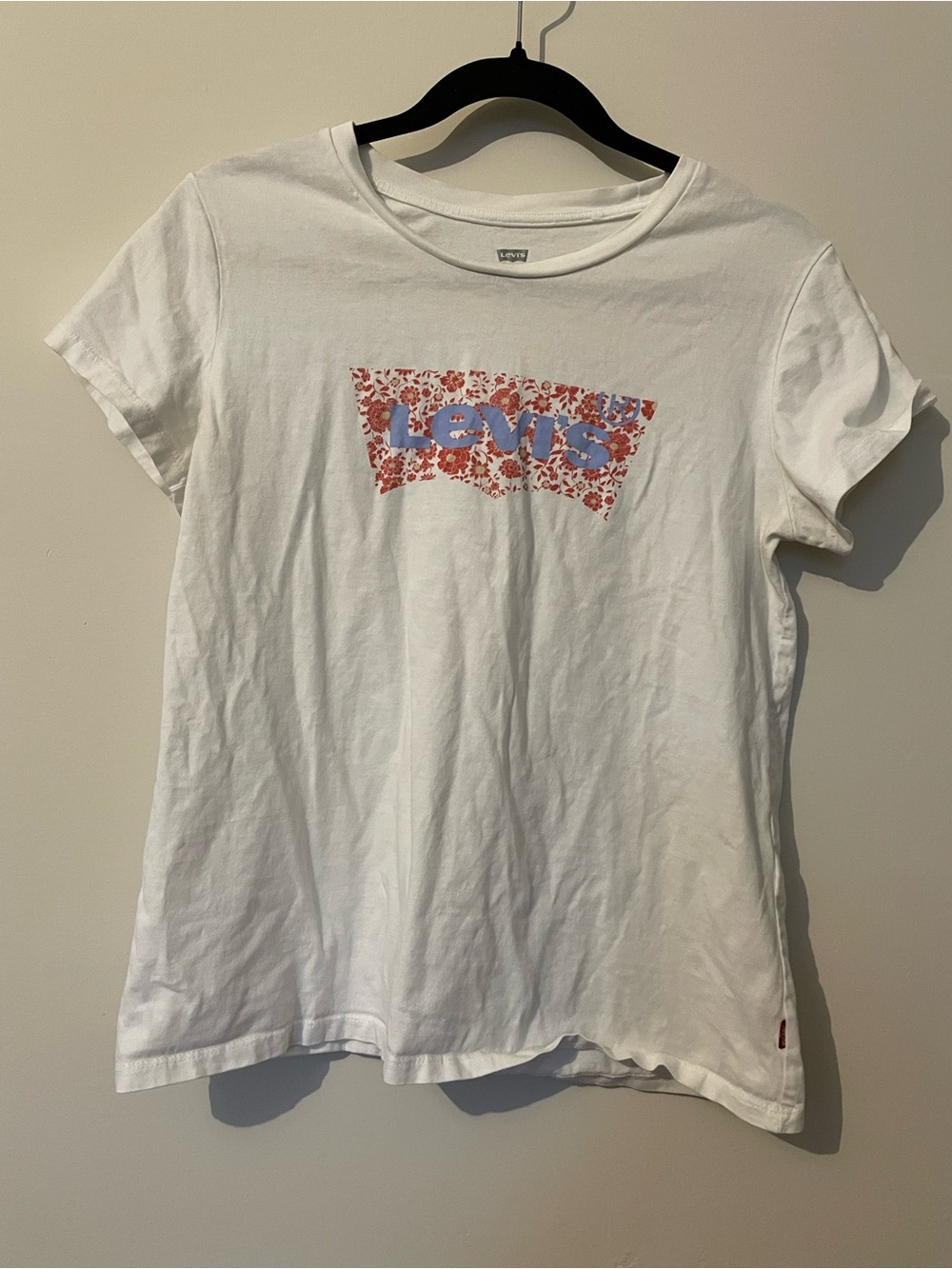 Levi's White Tee with Red Floral and Blue Logo